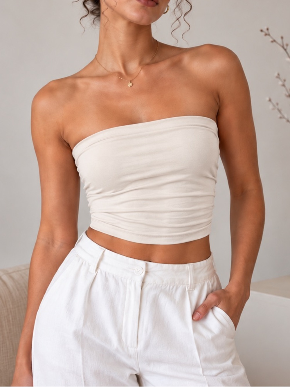 Strapless Suede feel Cream Tube Top - Women